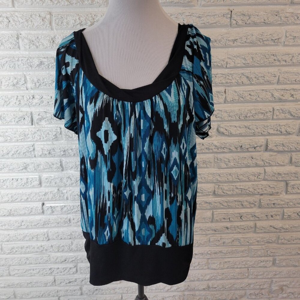 Judith Women 2X Plus Blouse Blue Black Diamond Knit Office Top GEO12E